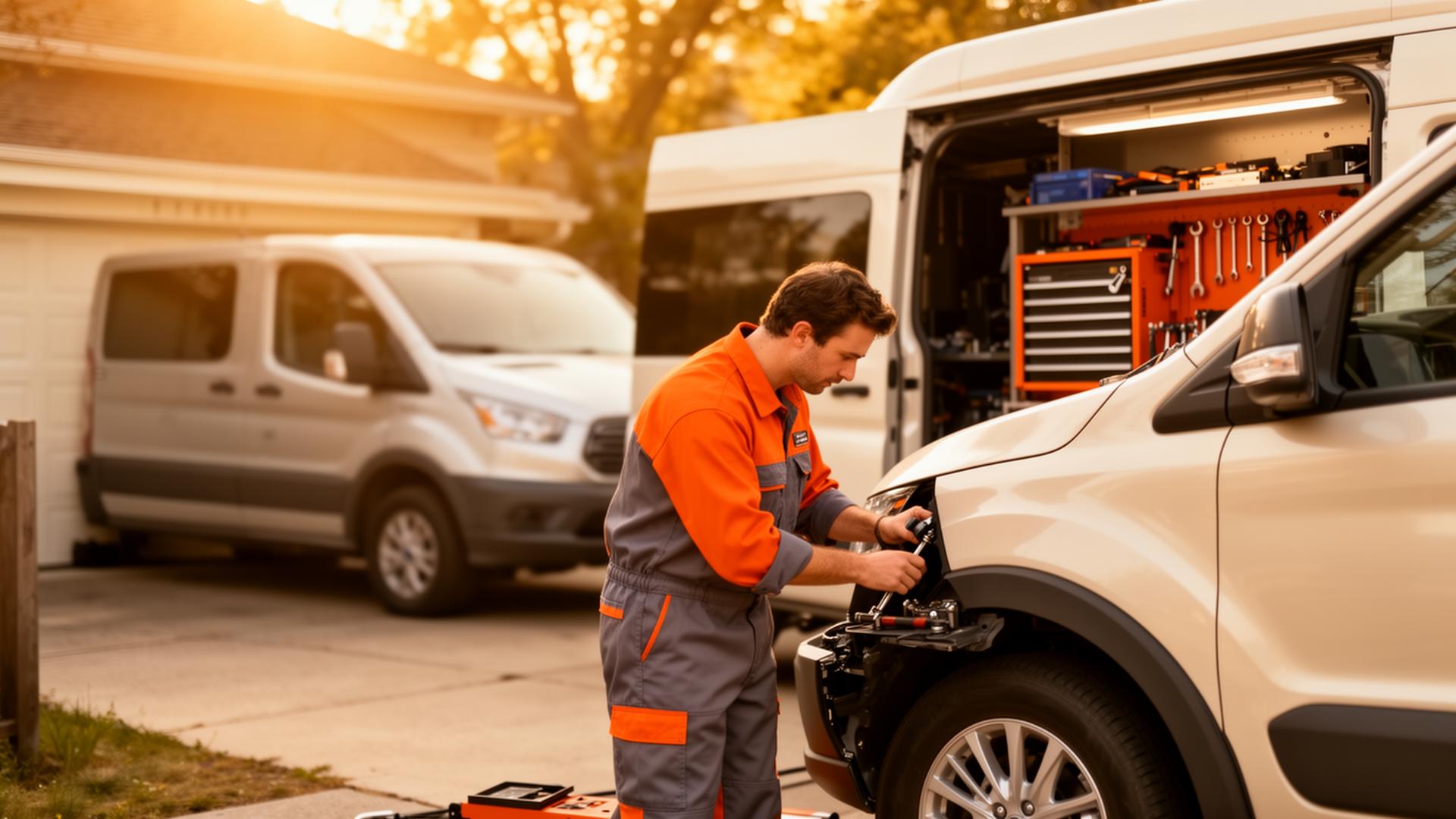 Mobile mechanic servicing a car in a Detroit driveway